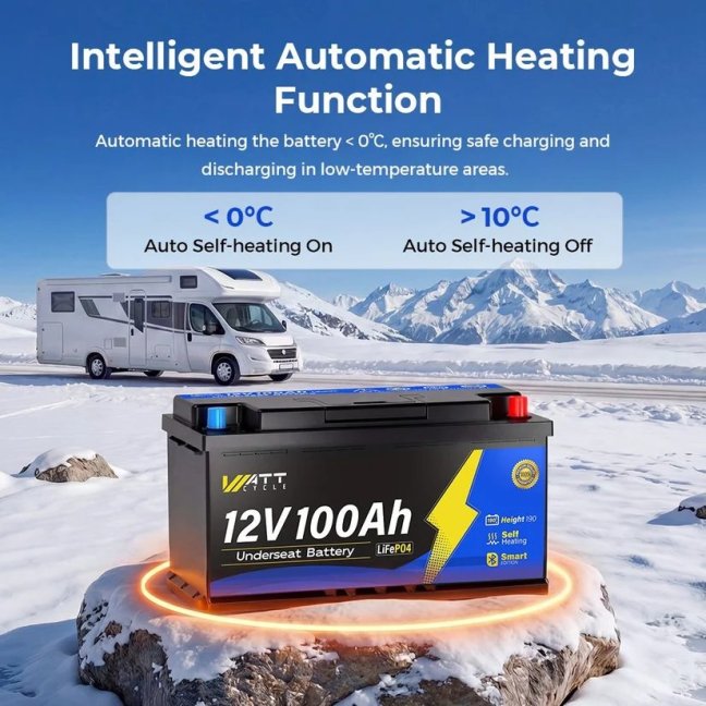 WattCycle LiFePO4 12,8V 100Ah Bluetooth s vyhříváním, pod sedadlo