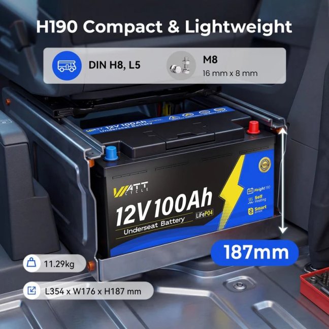 WattCycle LiFePO4 12,8V 100Ah Bluetooth s vyhříváním, pod sedadlo